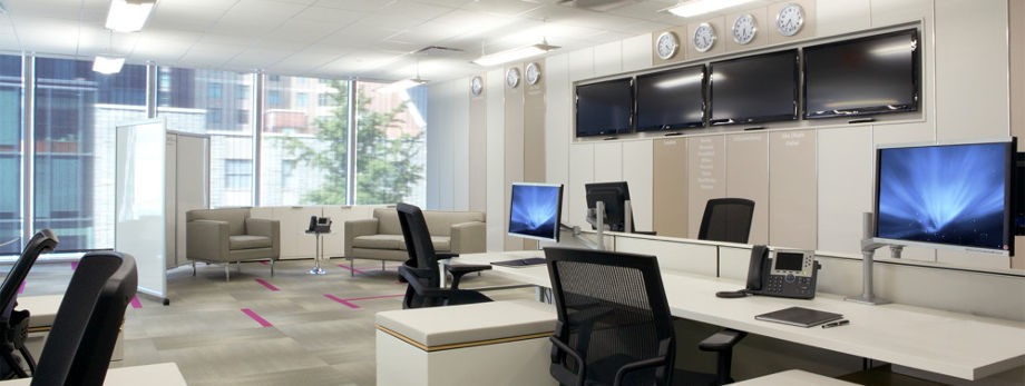 Business office space with computer screens