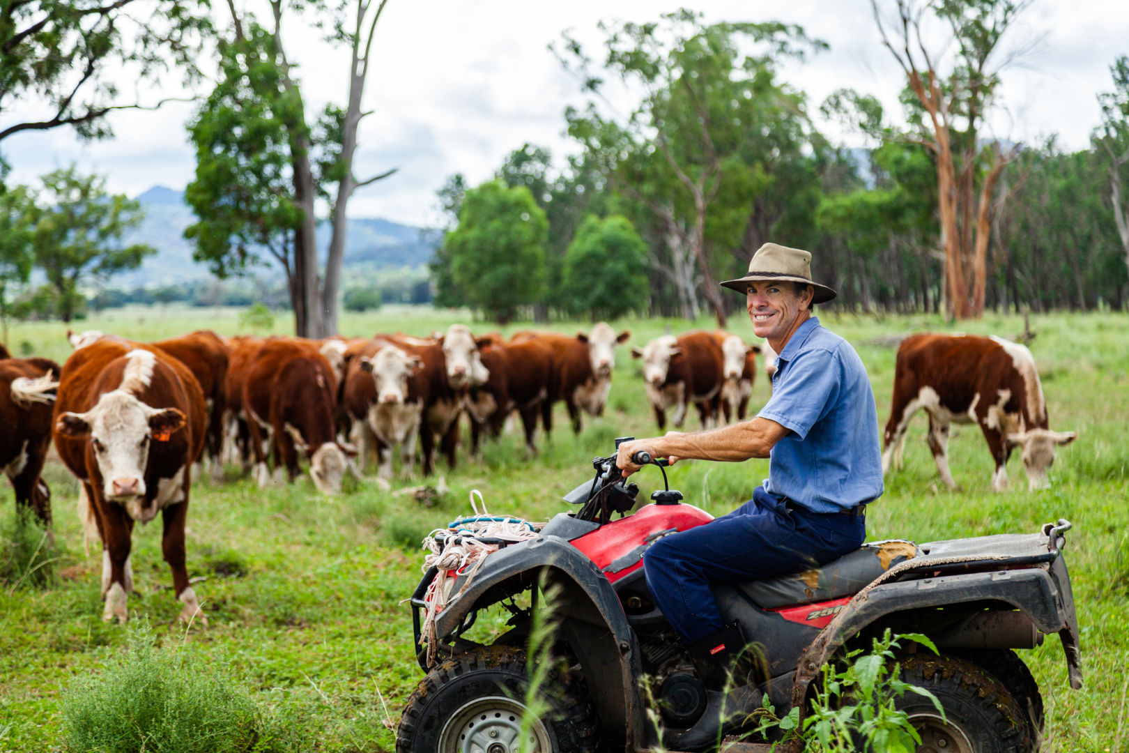 A cattle farmer in a blue shirt sitting on a red ATV smiling in a green field with his cows in the background